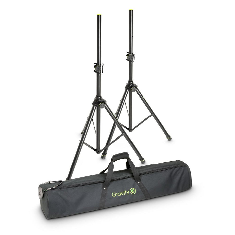 Gravity GSP5212B tripod speaker stands and the padded heavy duty carry bag.