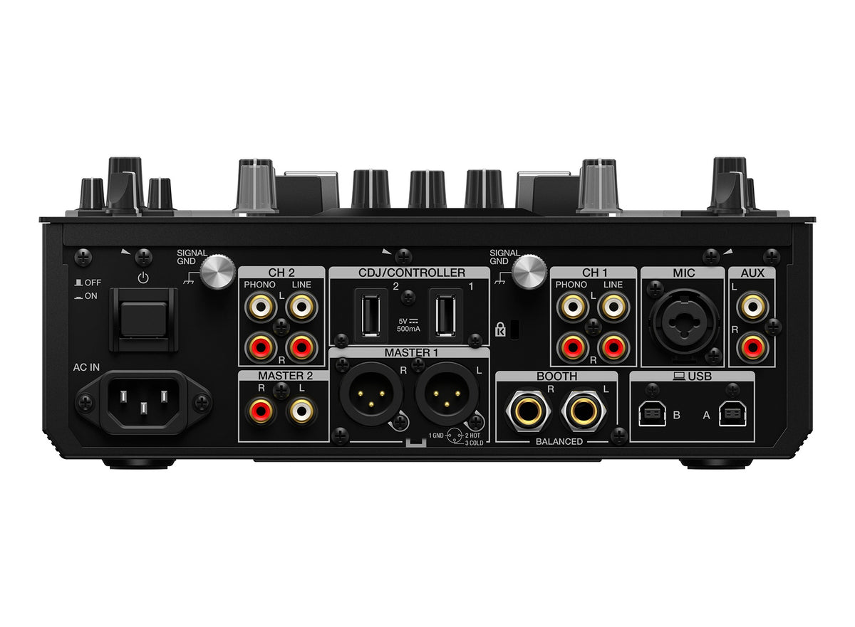 Rear connections of Pioneer DJM-S11 mixer showing inputs and outputs for DJ setup