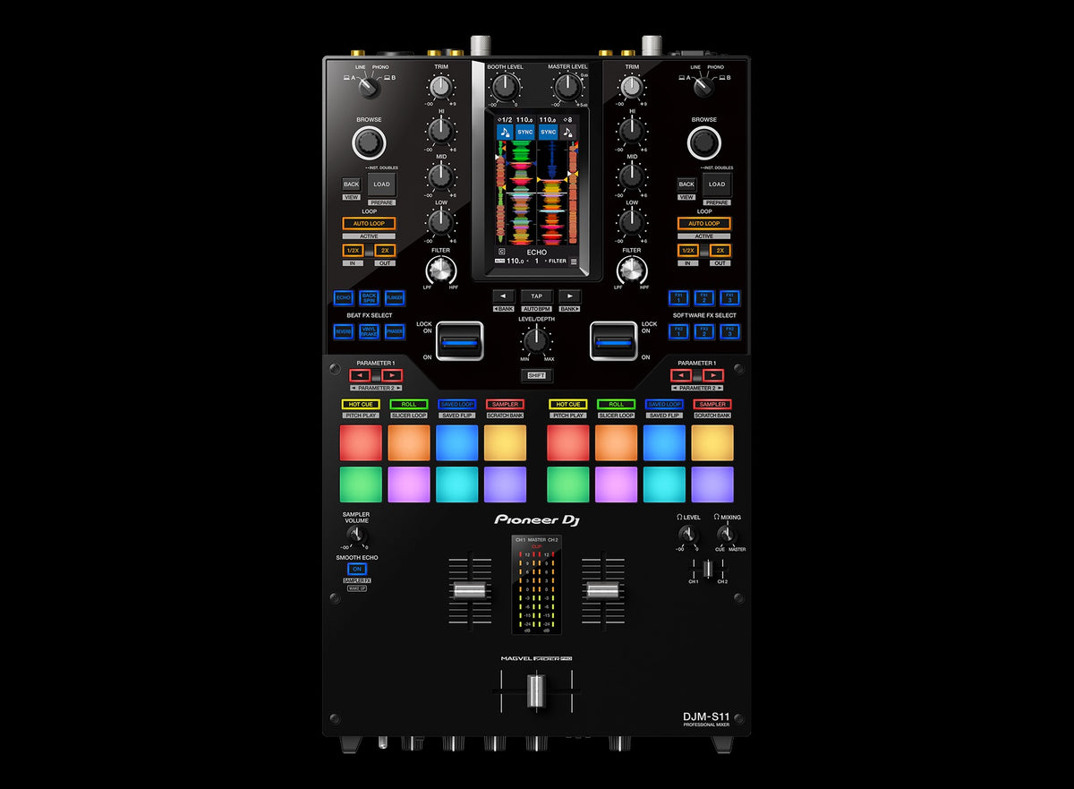 Touch screen of Pioneer DJM-S11 mixer displaying DJ waveforms and effects